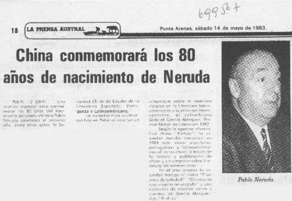 China conmemorará los 80 año de nacimiento de Neruda.  [artículo]