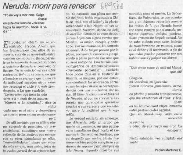 Neruda: morir para renacer  [artículo] Pacián Martínez E.