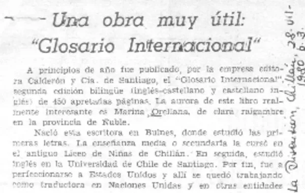 Una obra muy útil: "Glosario Internacional"  [artículo] Honorio Aguilera Ch.