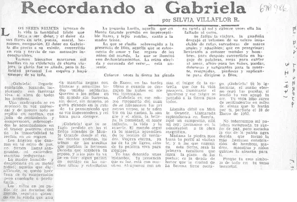 Recordando a Gabriela  [artículo] Silvia Villaflor R.