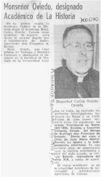 Monseñor Oviedo, designado Académico de la historia.  [artículo]