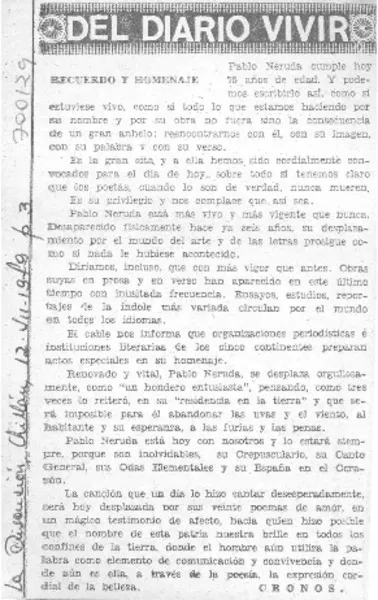 Recuerdo y homenaje  [artículo] Cronos.
