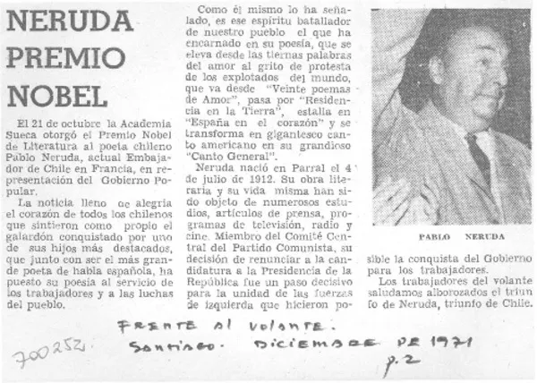 Neruda Premio Nobel.  [artículo]