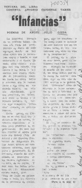 Infancias"  [artículo] Antonio Cárdenas Tabies.