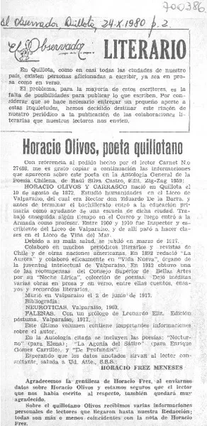 Horacio Olivos, poeta quillotano  [artículo] Horacio Frez Meneses.