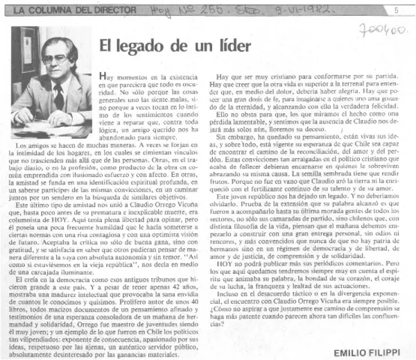 El legado de un líder  [artículo] Emilio Filippi.