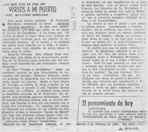 Versos a mi puerto  [artículo] Benjamín Morgado.