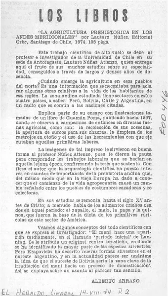 La agricultura prehistórica en Los Andes meridionales  [artículo] Alberto Arraño.