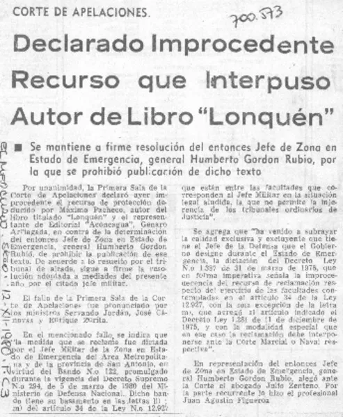 Declarado improcedente recurso que interpuso autor de libro "Lonquén".  [artículo]