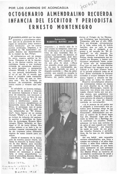 Octogenario almendralino recuerda infancia del escritor y periodista Ernesto Montenegro  [artículo] Roberto Ibáñez Jara.