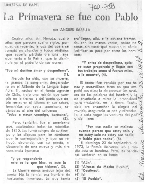 La primavera se fue con Pablo  [artículo] Andrés Sabella.