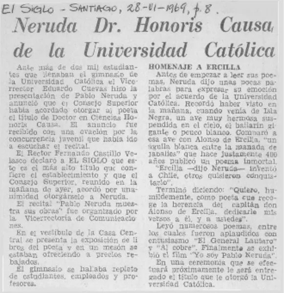 Neruda Dr. honoris causa de la Universidad Católica.  [artículo]
