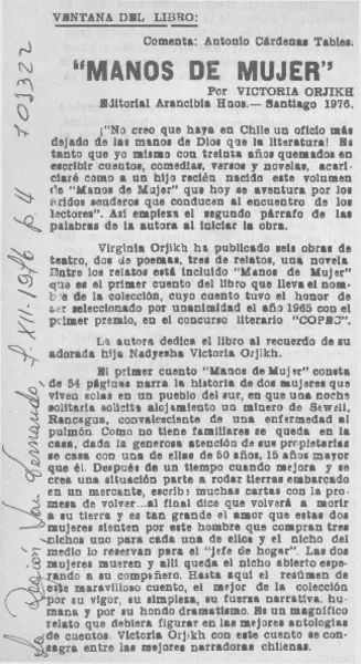 Manos de mujer"  [artículo] Antonio Cárdenas Tabies.