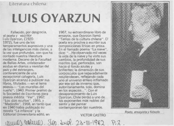 Luis Oyarzún  [artículo] Víctor Castro.