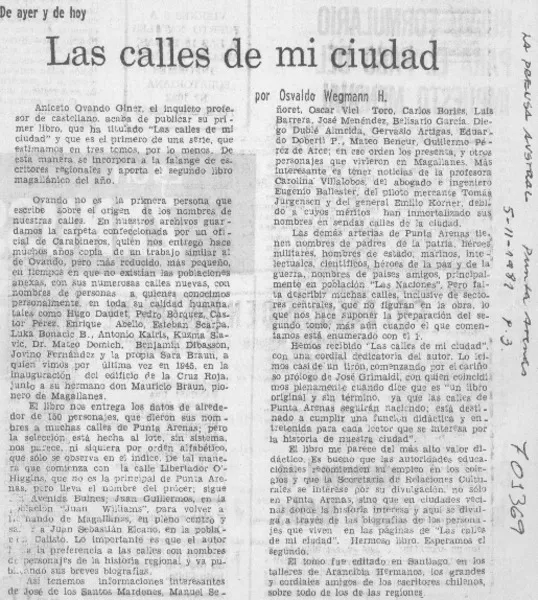 Las calles de mi ciudad  [artículo] Osvaldo Wegmann H.