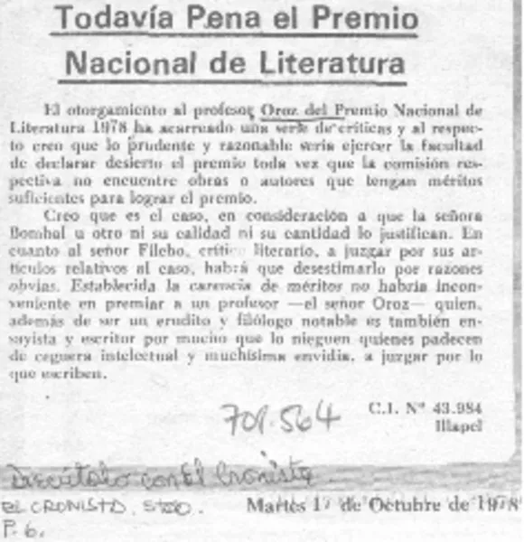 Todavía pena el Premio Nacional de Literatura.  [artículo]