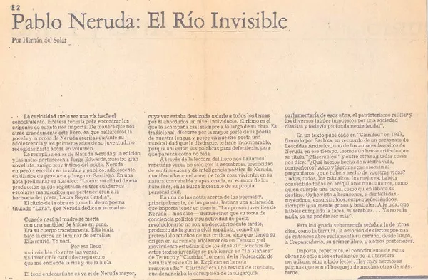Pablo Neruda: el río invisible  [artículo] Hernán de Solar.