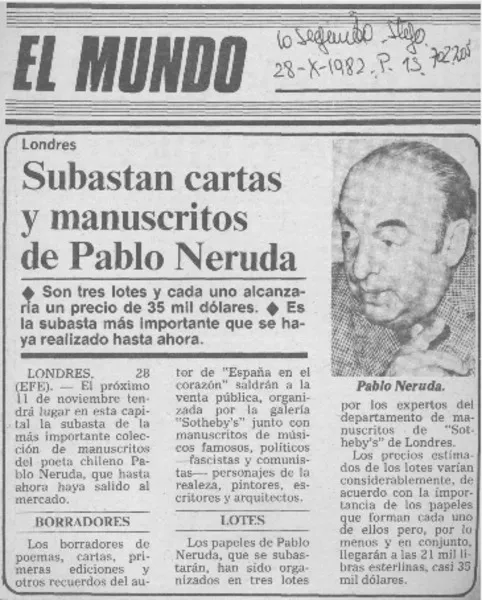 Subastan cartas y manuscritos de Pablo Neruda.  [artículo]