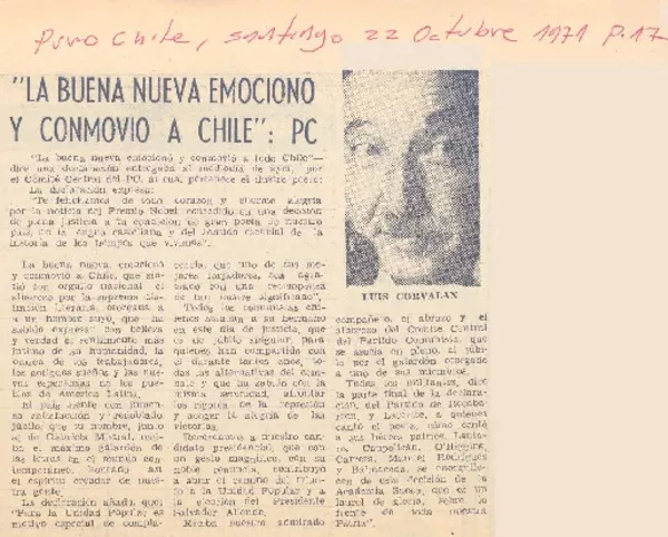 La buena nueva emocionó y conmovió a Chile": PC.  [artículo]