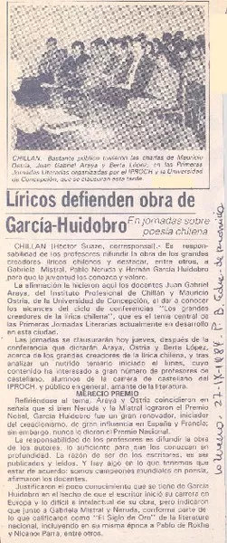 Líricos defienden obra de García-Huidobro.  [artículo]