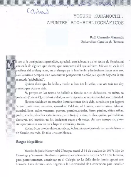 Yoseke Kuramochi. Apuntes bio-bibliográficos  [artículo] Raúl Caamaño Matamala.