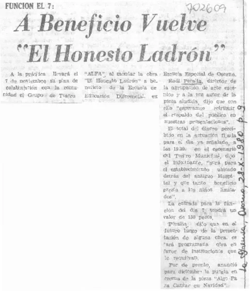 A beneficio vuelve "El honesto ladrón".  [artículo]