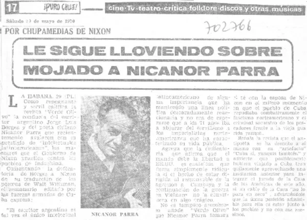Le sigue lloviendo sobre mojado a Nicanor Parra.  [artículo]