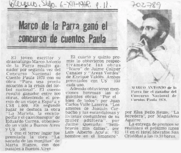 Marco Antonio de la Parra ganó el concurso de cuentos Paula.  [artículo]