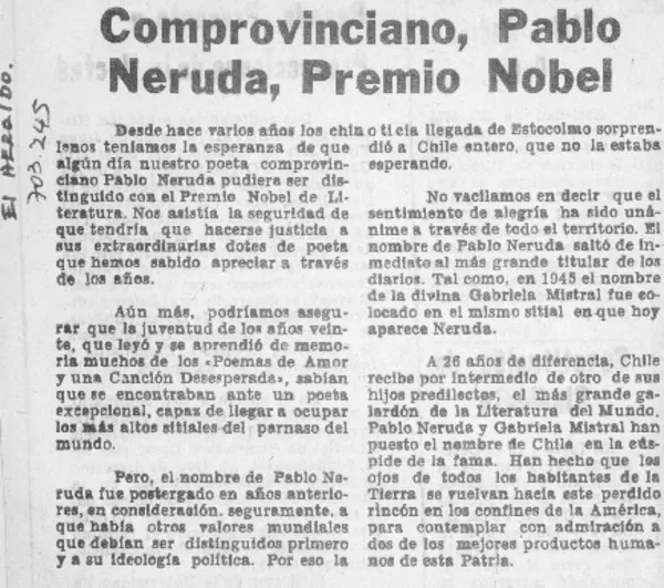 Comprovinciano, Pablo Neruda, Premio Nobel.  [artículo]