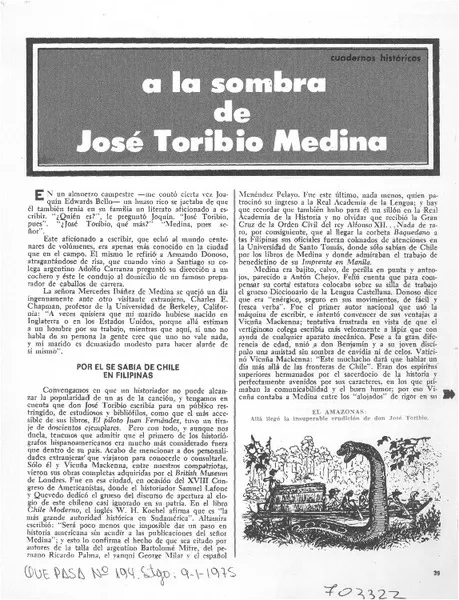 A la sombra de José Toribio Medina  [artículo] Por Guillermo Ferrada.