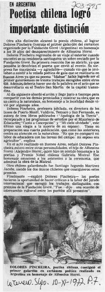 Poetisa chilena logró importante distinción.  [artículo]