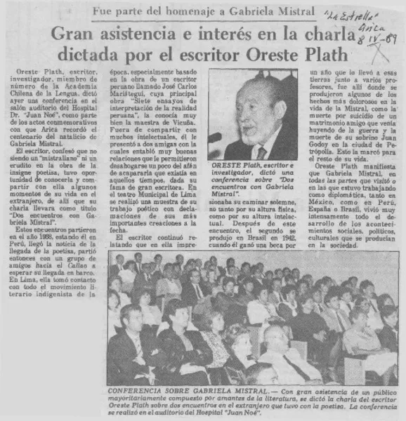 Gran asistencia e interés en la charla dictada por el escritor Oreste Plath.  [artículo]