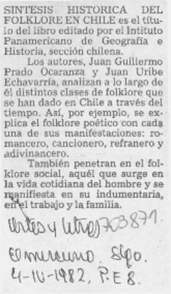 Síntesis histórica del folklore en Chile.  [artículo]