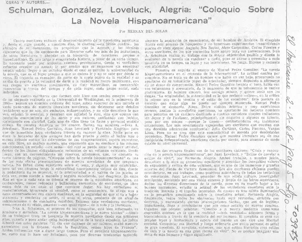 Schulman, González, Loveluck, Alegría "Coloquio sobre la novela hispanoamericana"  [artículo] Hernán del Solar.