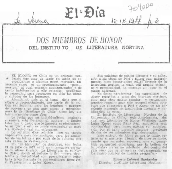 Dos miembros de honor  [artículo] Roberto Lehnert Santander.