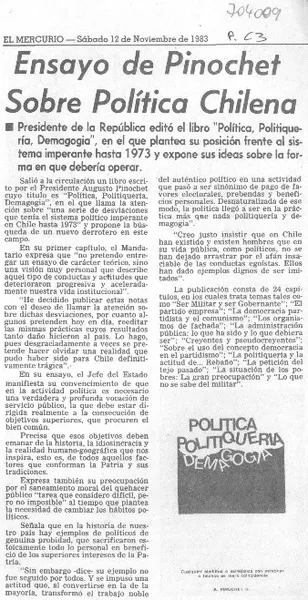 Ensayo de Pinochet sobre política chilena.  [artículo]