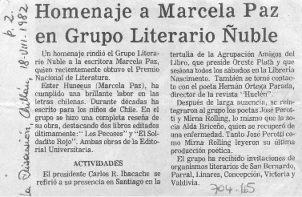 Homenaje a Marcela Paz en grupo literario Ñuble.  [artículo]
