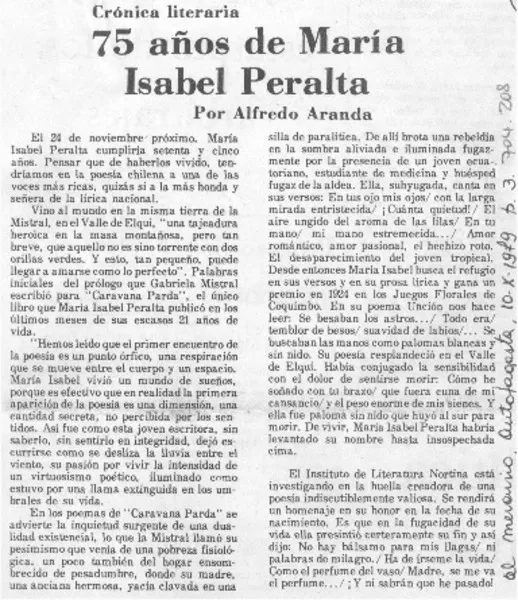 75 años de María Isabel Peralta  [artículo] Alfredo Aranda.