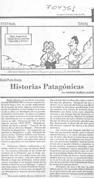 Historias Patagónicas  [artículo] Marino Muñoz Lagos.