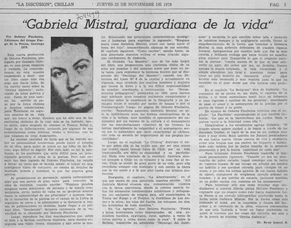 Gabriela Mistral, guardiana de la vida"  [artículo] René Louvel Bert.