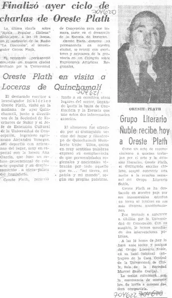 Finalizó ayer ciclo de charlas de Oreste Plath.  [artículo]