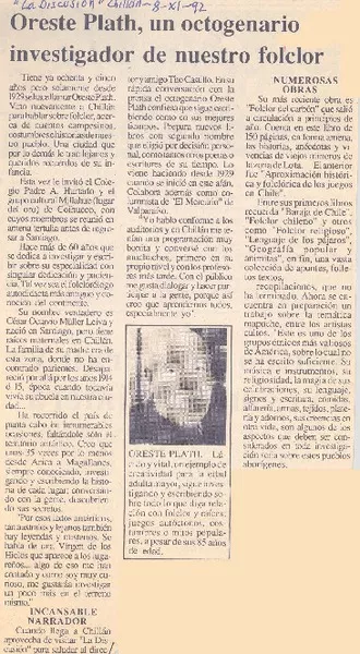 Oreste Plath, un octogenario investigador de nuestro foclor.  [artículo]