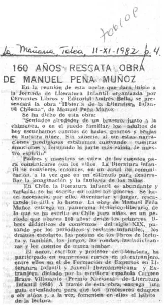 160 años rescata obra de Manuel Peña Muñoz.  [artículo]
