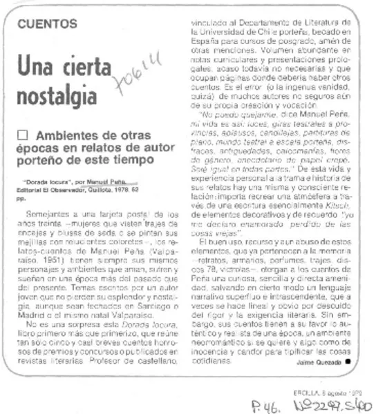Una cierta nostalgia  [artículo] Jaime Quezada.