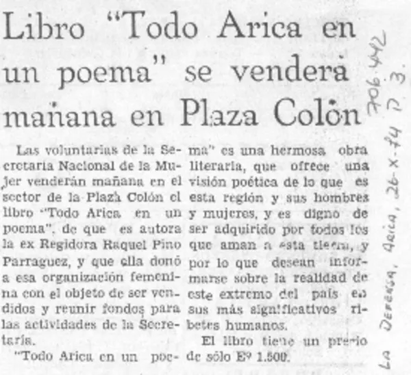 Libro "Todo Arica en un poema" se venderá mañana en Plaza Colón.  [artículo]