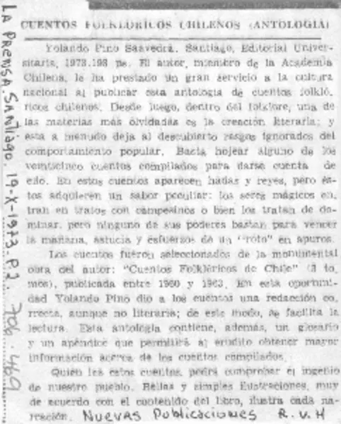 Cuentos folklóricos chilenos (antología)  [artículo] R.V.H.