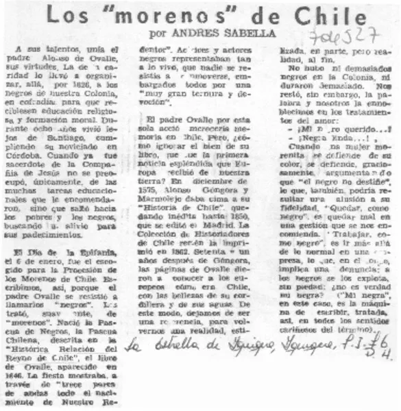 Los "morenos" de Chile  [artículo] Andrés Sabella.
