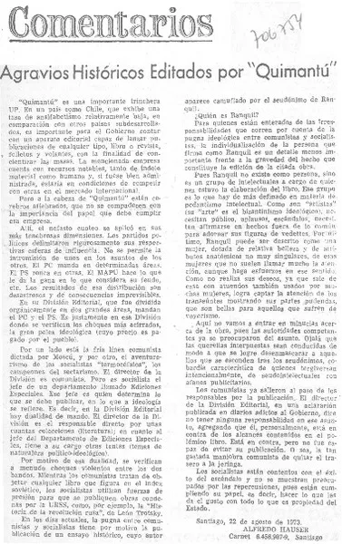 Agravios históricos editados por "Quimantú"  [artículo] Alfredo Hauser.