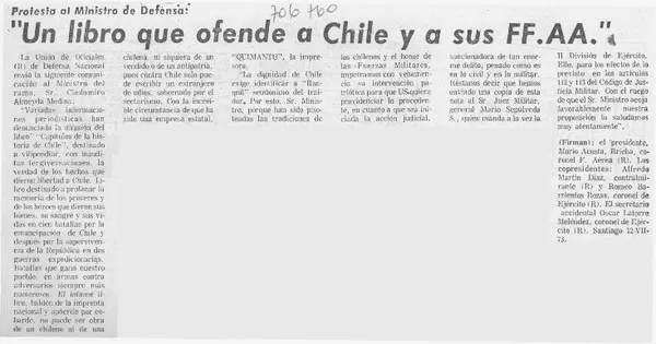 Un libro que ofende a Chile y a sus FF. AA."  [artículo]