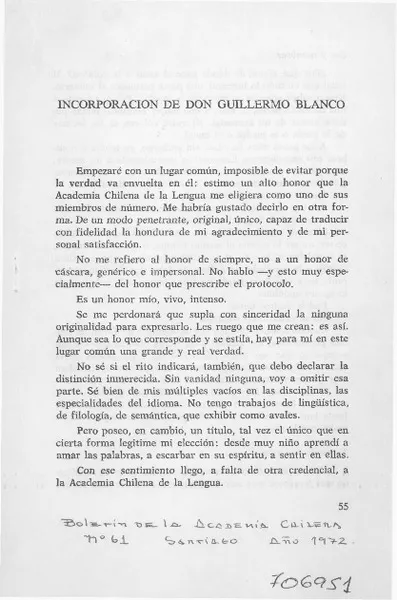 Incorporación de don Blanco Guillermo.  [artículo]